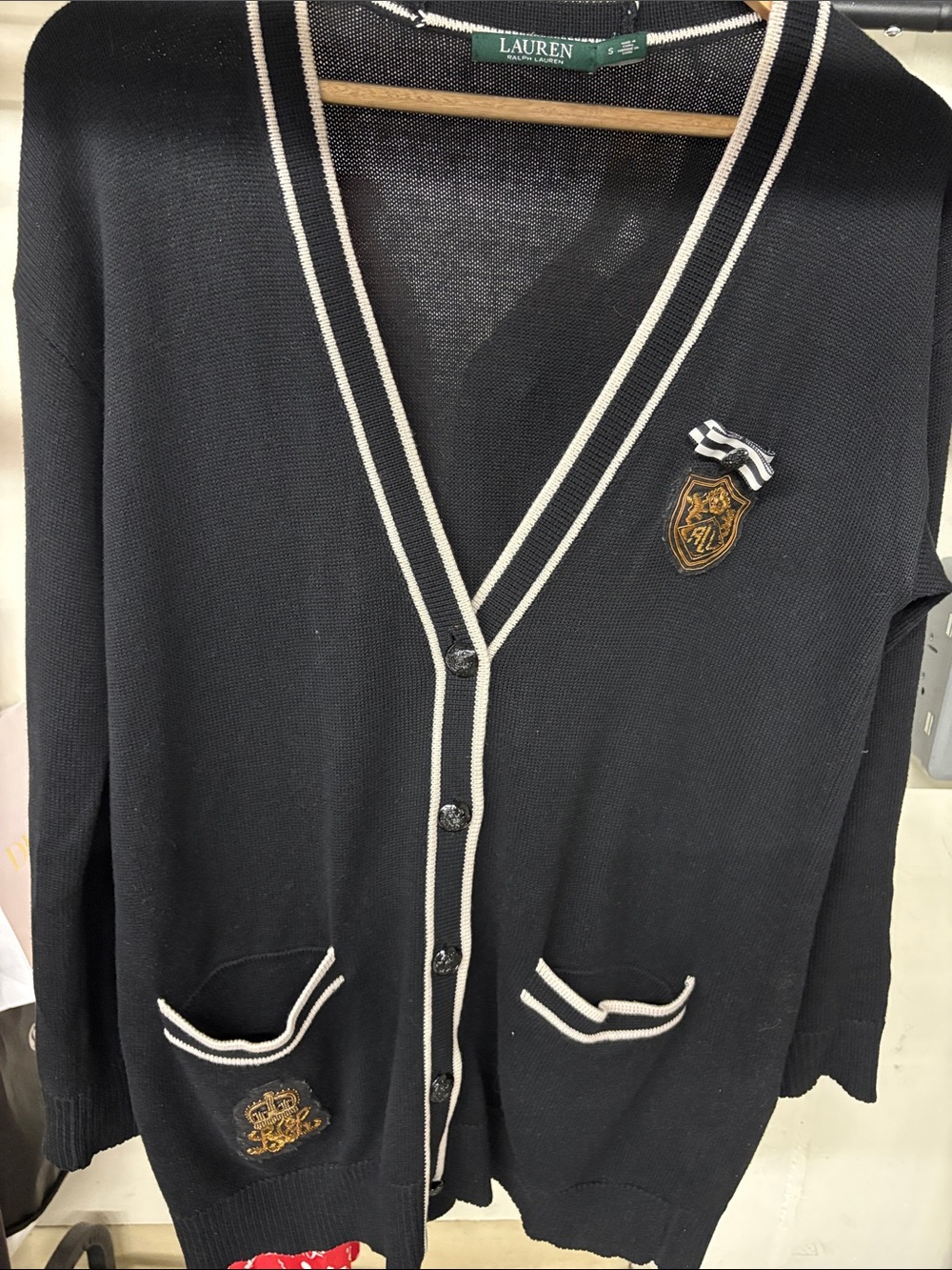 Lauren Ralph Lauren Black Cardigan with Cream Trim and Crest